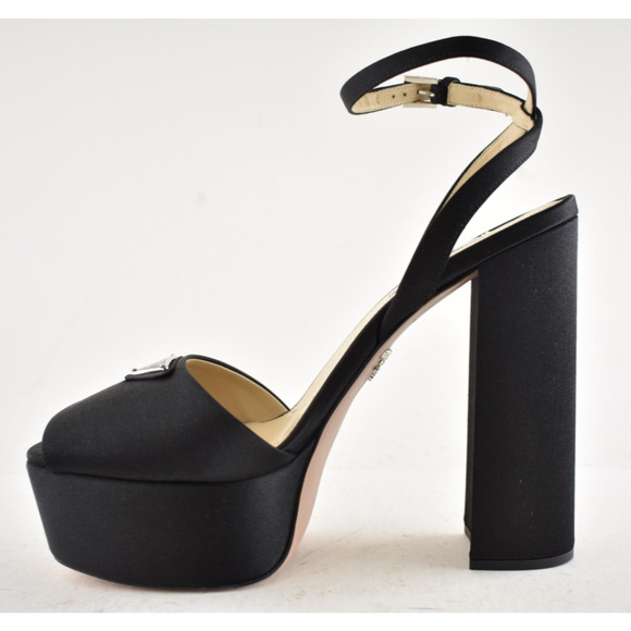 Prada 135mm Black Satin Logo Platform Sandal Ankle Strap Block Heel Pump 41.5 - Picture 6 of 14